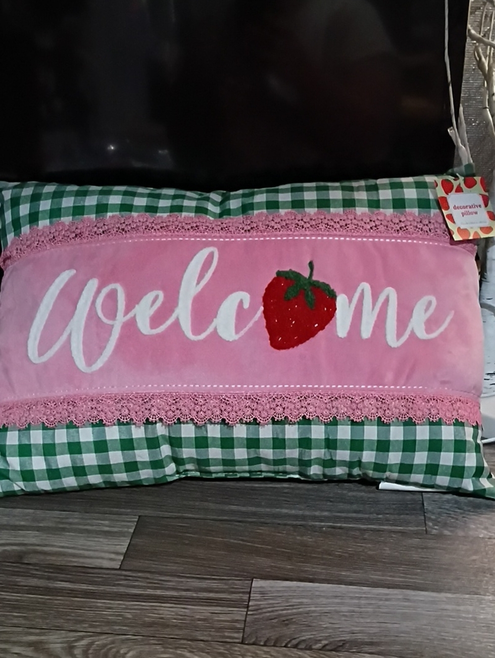 Welcome Strawberry Pink Accent Pillow with Green Gingham Trim